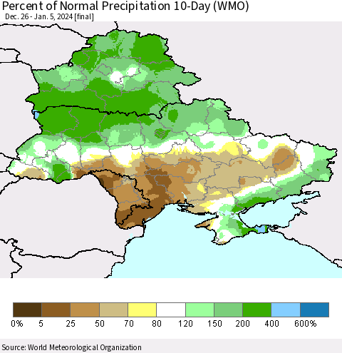Ukraine, Moldova and Belarus Percent of Normal Precipitation 10-Day (WMO) Thematic Map For 12/26/2023 - 1/5/2024