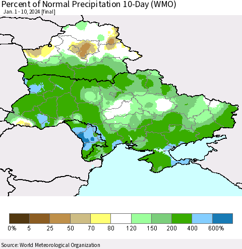 Ukraine, Moldova and Belarus Percent of Normal Precipitation 10-Day (WMO) Thematic Map For 1/1/2024 - 1/10/2024