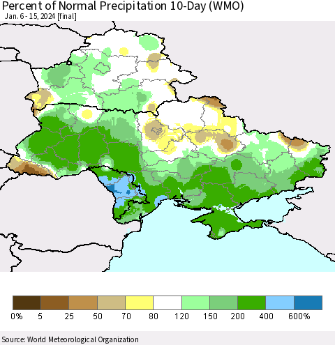 Ukraine, Moldova and Belarus Percent of Normal Precipitation 10-Day (WMO) Thematic Map For 1/6/2024 - 1/15/2024