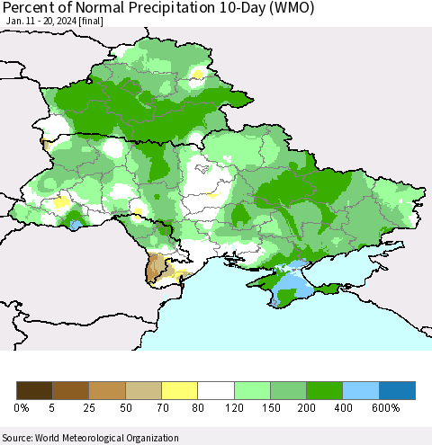 Ukraine, Moldova and Belarus Percent of Normal Precipitation 10-Day (WMO) Thematic Map For 1/11/2024 - 1/20/2024