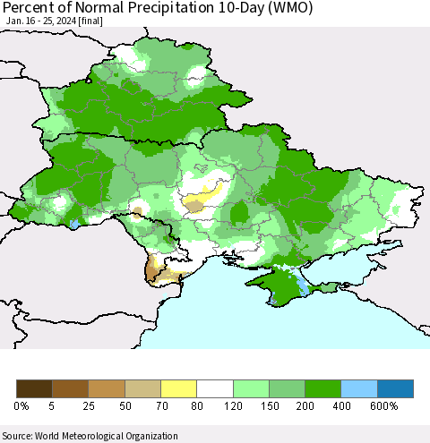 Ukraine, Moldova and Belarus Percent of Normal Precipitation 10-Day (WMO) Thematic Map For 1/16/2024 - 1/25/2024