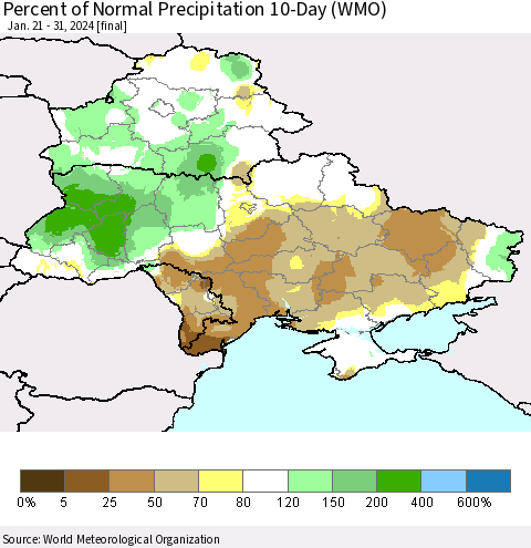 Ukraine, Moldova and Belarus Percent of Normal Precipitation 10-Day (WMO) Thematic Map For 1/21/2024 - 1/31/2024