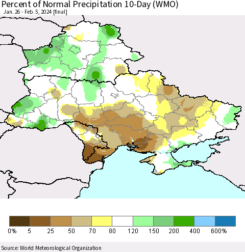 Ukraine, Moldova and Belarus Percent of Normal Precipitation 10-Day (WMO) Thematic Map For 1/26/2024 - 2/5/2024
