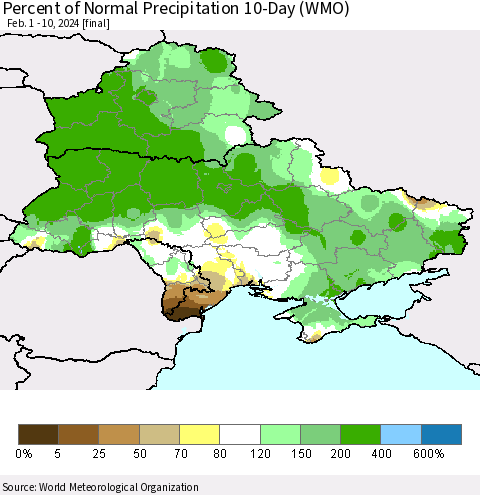 Ukraine, Moldova and Belarus Percent of Normal Precipitation 10-Day (WMO) Thematic Map For 2/1/2024 - 2/10/2024