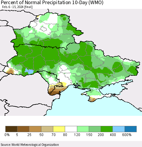 Ukraine, Moldova and Belarus Percent of Normal Precipitation 10-Day (WMO) Thematic Map For 2/6/2024 - 2/15/2024