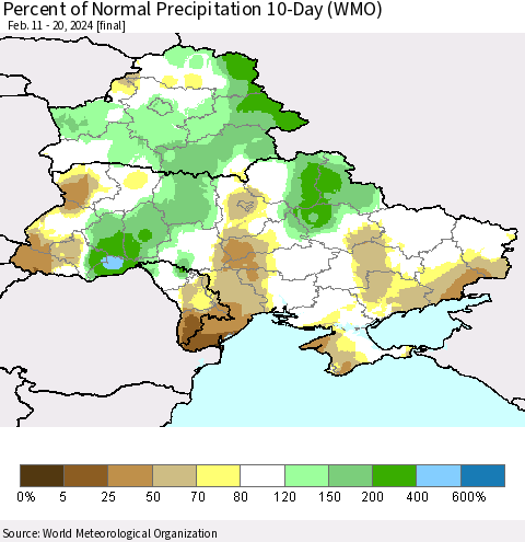 Ukraine, Moldova and Belarus Percent of Normal Precipitation 10-Day (WMO) Thematic Map For 2/11/2024 - 2/20/2024