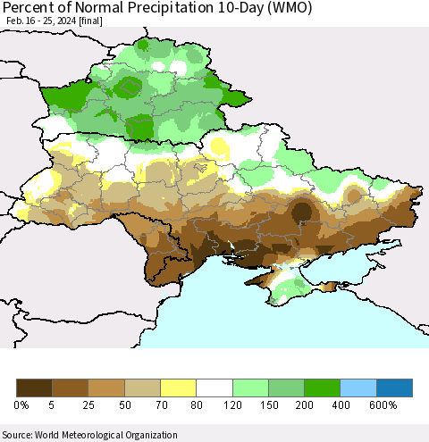Ukraine, Moldova and Belarus Percent of Normal Precipitation 10-Day (WMO) Thematic Map For 2/16/2024 - 2/25/2024