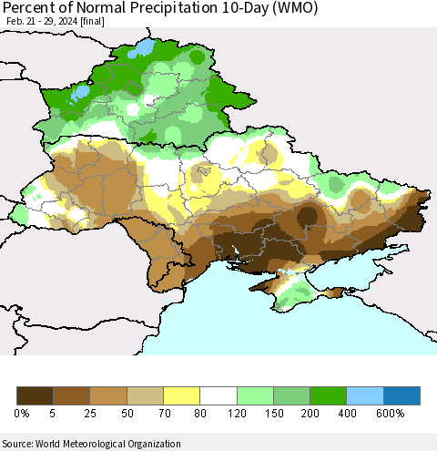 Ukraine, Moldova and Belarus Percent of Normal Precipitation 10-Day (WMO) Thematic Map For 2/21/2024 - 2/29/2024