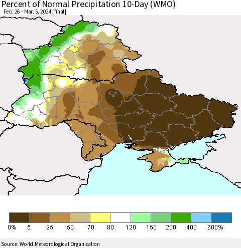 Ukraine, Moldova and Belarus Percent of Normal Precipitation 10-Day (WMO) Thematic Map For 2/26/2024 - 3/5/2024