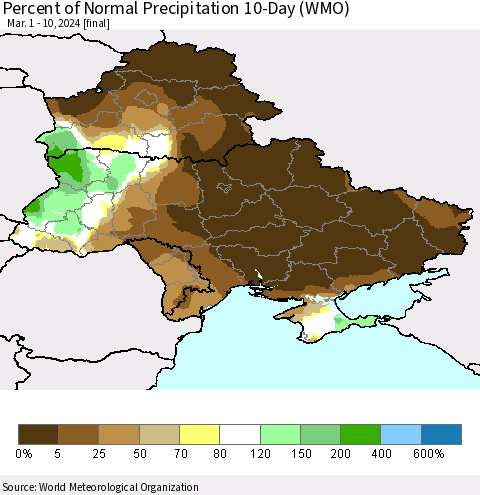 Ukraine, Moldova and Belarus Percent of Normal Precipitation 10-Day (WMO) Thematic Map For 3/1/2024 - 3/10/2024