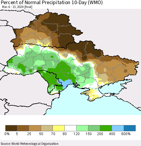Ukraine, Moldova and Belarus Percent of Normal Precipitation 10-Day (WMO) Thematic Map For 3/6/2024 - 3/15/2024