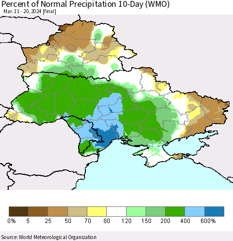 Ukraine, Moldova and Belarus Percent of Normal Precipitation 10-Day (WMO) Thematic Map For 3/11/2024 - 3/20/2024