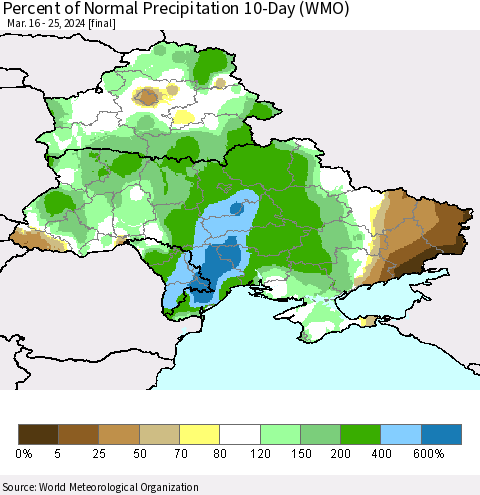 Ukraine, Moldova and Belarus Percent of Normal Precipitation 10-Day (WMO) Thematic Map For 3/16/2024 - 3/25/2024