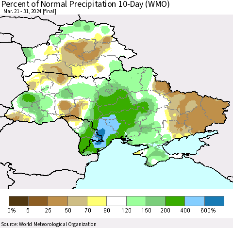 Ukraine, Moldova and Belarus Percent of Normal Precipitation 10-Day (WMO) Thematic Map For 3/21/2024 - 3/31/2024