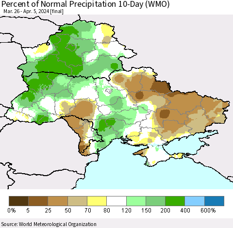 Ukraine, Moldova and Belarus Percent of Normal Precipitation 10-Day (WMO) Thematic Map For 3/26/2024 - 4/5/2024