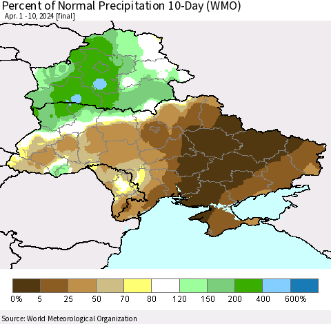 Ukraine, Moldova and Belarus Percent of Normal Precipitation 10-Day (WMO) Thematic Map For 4/1/2024 - 4/10/2024