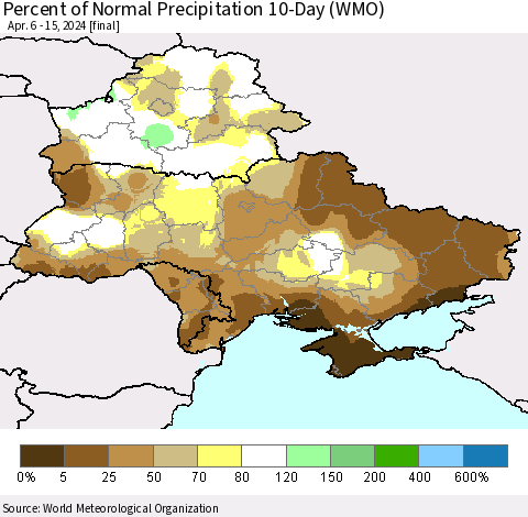 Ukraine, Moldova and Belarus Percent of Normal Precipitation 10-Day (WMO) Thematic Map For 4/6/2024 - 4/15/2024