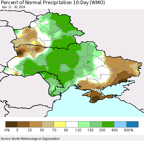 Ukraine, Moldova and Belarus Percent of Normal Precipitation 10-Day (WMO) Thematic Map For 4/11/2024 - 4/20/2024