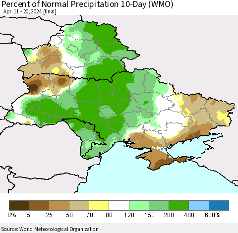 Ukraine, Moldova and Belarus Percent of Normal Precipitation 10-Day (WMO) Thematic Map For 4/11/2024 - 4/20/2024