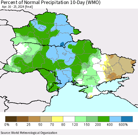 Ukraine, Moldova and Belarus Percent of Normal Precipitation 10-Day (WMO) Thematic Map For 4/16/2024 - 4/25/2024