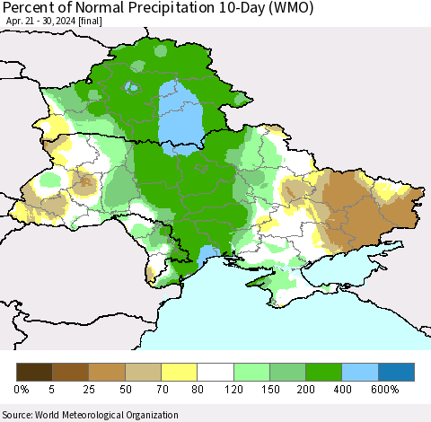 Ukraine, Moldova and Belarus Percent of Normal Precipitation 10-Day (WMO) Thematic Map For 4/21/2024 - 4/30/2024
