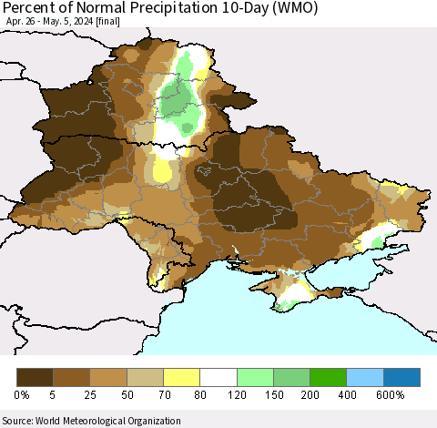 Ukraine, Moldova and Belarus Percent of Normal Precipitation 10-Day (WMO) Thematic Map For 4/26/2024 - 5/5/2024