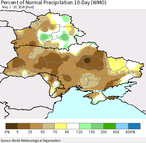 Ukraine, Moldova and Belarus Percent of Normal Precipitation 10-Day (WMO) Thematic Map For 5/1/2024 - 5/10/2024