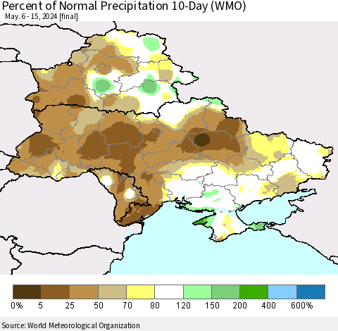 Ukraine, Moldova and Belarus Percent of Normal Precipitation 10-Day (WMO) Thematic Map For 5/6/2024 - 5/15/2024