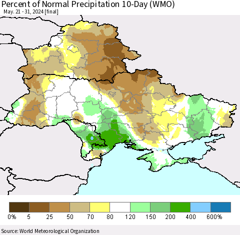 Ukraine, Moldova and Belarus Percent of Normal Precipitation 10-Day (WMO) Thematic Map For 5/21/2024 - 5/31/2024