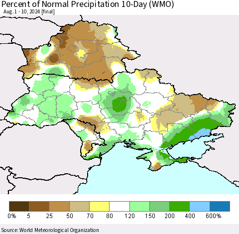 Ukraine, Moldova and Belarus Percent of Normal Precipitation 10-Day (WMO) Thematic Map For 8/1/2024 - 8/10/2024