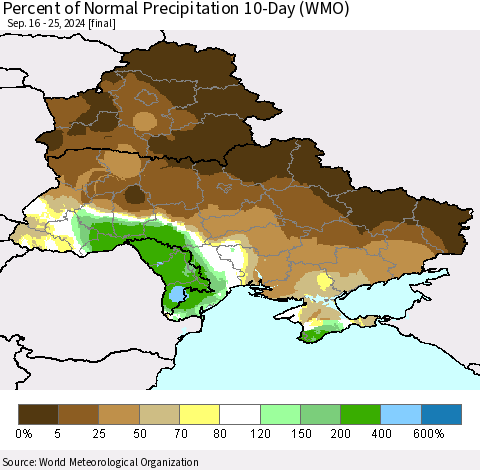 Ukraine, Moldova and Belarus Percent of Normal Precipitation 10-Day (WMO) Thematic Map For 9/16/2024 - 9/25/2024