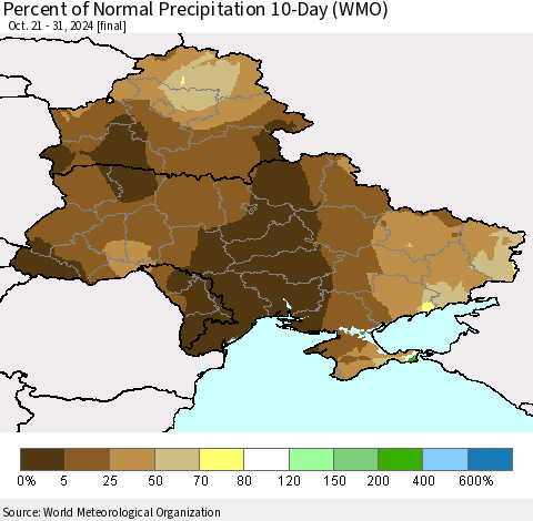 Ukraine, Moldova and Belarus Percent of Normal Precipitation 10-Day (WMO) Thematic Map For 10/21/2024 - 10/31/2024
