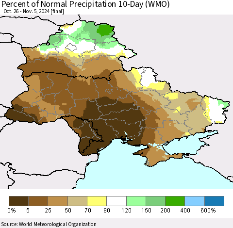 Ukraine, Moldova and Belarus Percent of Normal Precipitation 10-Day (WMO) Thematic Map For 10/26/2024 - 11/5/2024