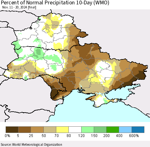 Ukraine, Moldova and Belarus Percent of Normal Precipitation 10-Day (WMO) Thematic Map For 11/11/2024 - 11/20/2024
