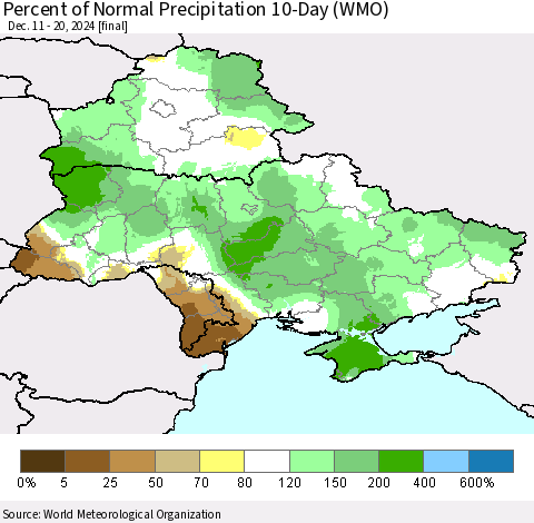 Ukraine, Moldova and Belarus Percent of Normal Precipitation 10-Day (WMO) Thematic Map For 12/11/2024 - 12/20/2024