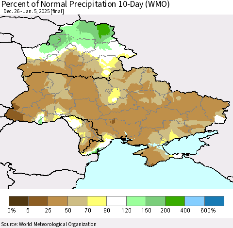 Ukraine, Moldova and Belarus Percent of Normal Precipitation 10-Day (WMO) Thematic Map For 12/26/2024 - 1/5/2025