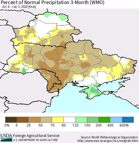 Ukraine, Moldova and Belarus Percent of Normal Precipitation 3-Month (WMO) Thematic Map For 10/6/2019 - 1/5/2020