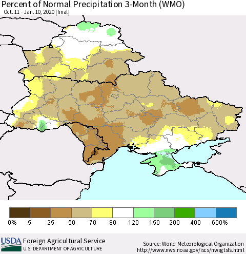 Ukraine, Moldova and Belarus Percent of Normal Precipitation 3-Month (WMO) Thematic Map For 10/11/2019 - 1/10/2020