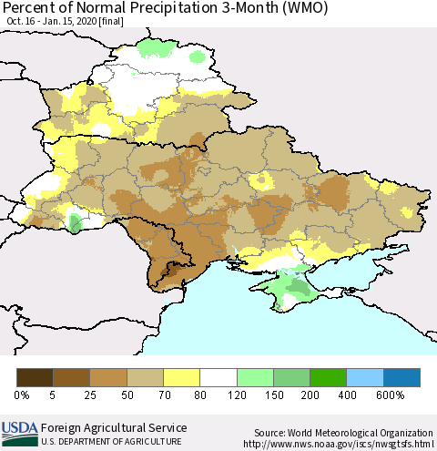 Ukraine, Moldova and Belarus Percent of Normal Precipitation 3-Month (WMO) Thematic Map For 10/16/2019 - 1/15/2020