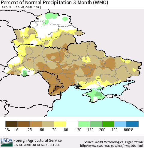 Ukraine, Moldova and Belarus Percent of Normal Precipitation 3-Month (WMO) Thematic Map For 10/21/2019 - 1/20/2020