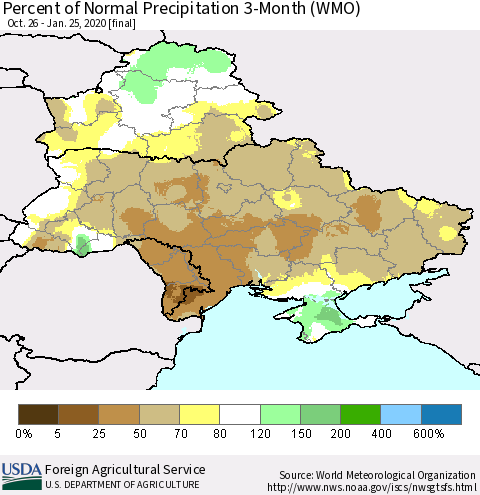 Ukraine, Moldova and Belarus Percent of Normal Precipitation 3-Month (WMO) Thematic Map For 10/26/2019 - 1/25/2020