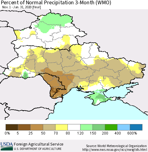 Ukraine, Moldova and Belarus Percent of Normal Precipitation 3-Month (WMO) Thematic Map For 11/1/2019 - 1/31/2020