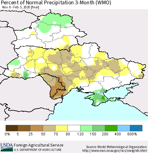 Ukraine, Moldova and Belarus Percent of Normal Precipitation 3-Month (WMO) Thematic Map For 11/6/2019 - 2/5/2020
