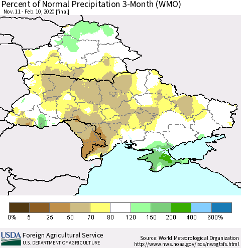 Ukraine, Moldova and Belarus Percent of Normal Precipitation 3-Month (WMO) Thematic Map For 11/11/2019 - 2/10/2020