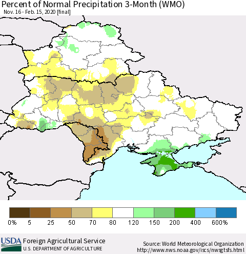 Ukraine, Moldova and Belarus Percent of Normal Precipitation 3-Month (WMO) Thematic Map For 11/16/2019 - 2/15/2020