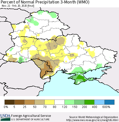 Ukraine, Moldova and Belarus Percent of Normal Precipitation 3-Month (WMO) Thematic Map For 11/21/2019 - 2/20/2020