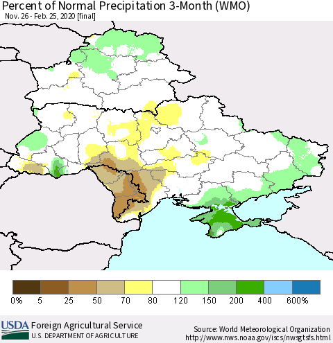 Ukraine, Moldova and Belarus Percent of Normal Precipitation 3-Month (WMO) Thematic Map For 11/26/2019 - 2/25/2020