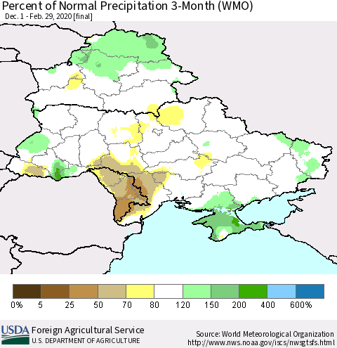 Ukraine, Moldova and Belarus Percent of Normal Precipitation 3-Month (WMO) Thematic Map For 12/1/2019 - 2/29/2020