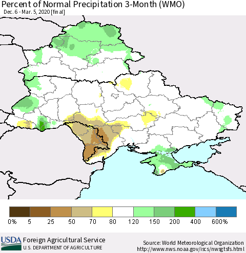 Ukraine, Moldova and Belarus Percent of Normal Precipitation 3-Month (WMO) Thematic Map For 12/6/2019 - 3/5/2020
