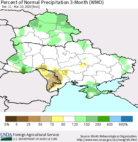 Ukraine, Moldova and Belarus Percent of Normal Precipitation 3-Month (WMO) Thematic Map For 12/11/2019 - 3/10/2020